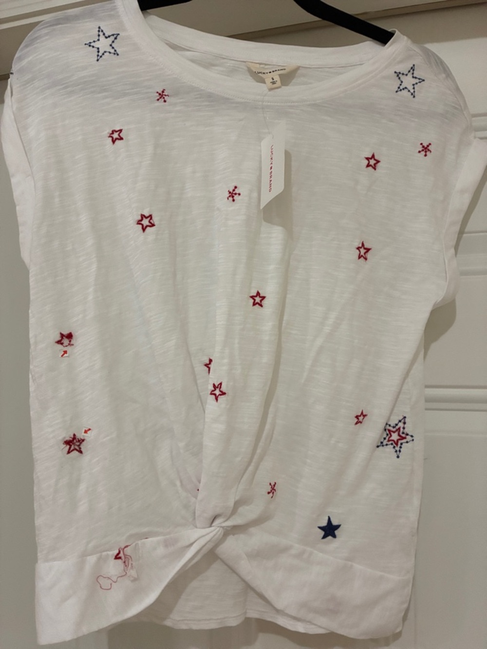Lucky Brand White Short Sleeve Star Embroidered Twist Tee NWT Small